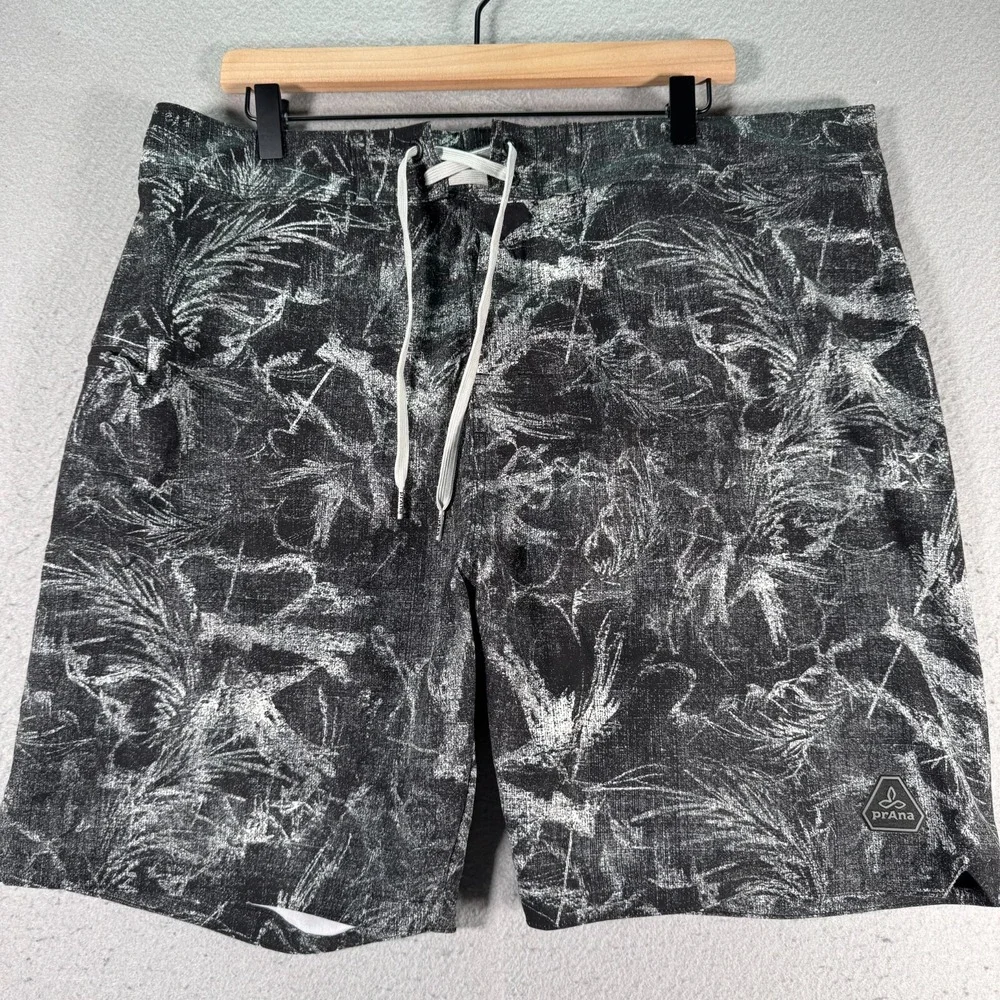Prana Fenton Board Short Mens‎ 38 Black Swim Trunks Drawstring Tie Waist UPF 50+